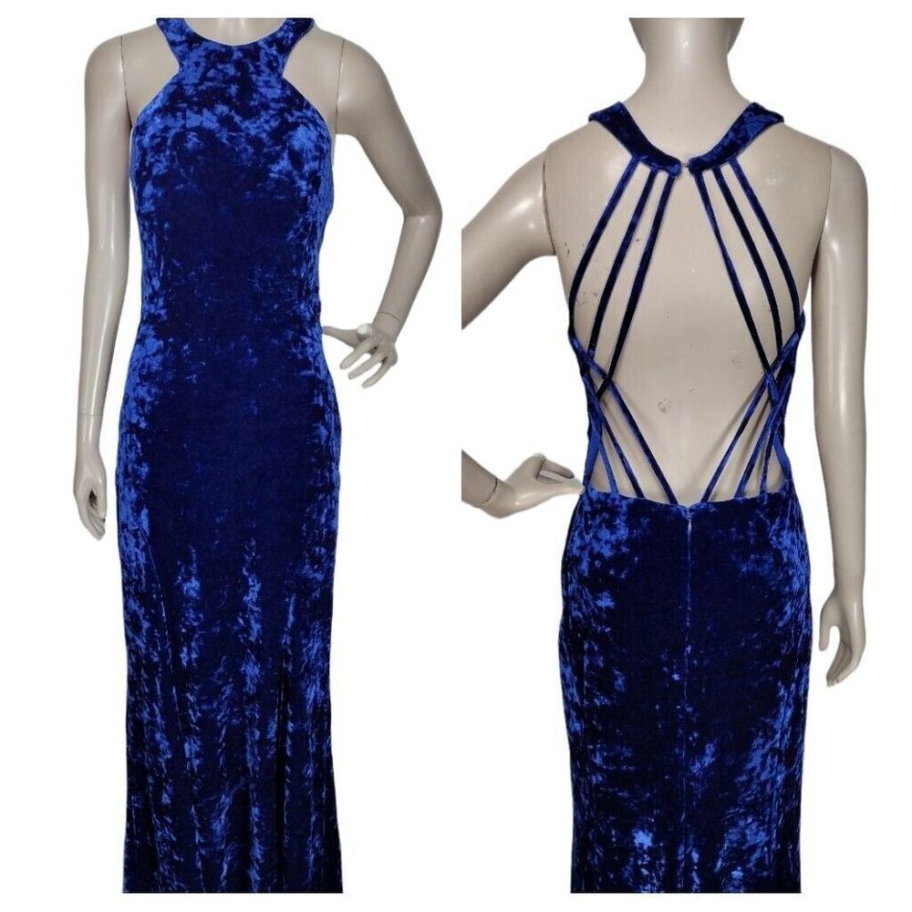 Vintage 90s Sexy Blue Jewel Tone Crushed Velvet Strappy Halter Sexy Maxi Dress